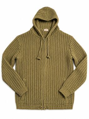 THANE Vintage 70s 80s Olive Green Chunky Knit Hooded Zip Sweater Jacket Size M